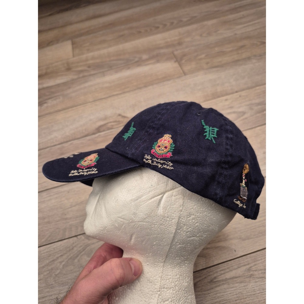 Polo Ralph Lauren College Bear Crest All Over Embroidery Navy Blue Hat Mens OS - Picture 5 of 14